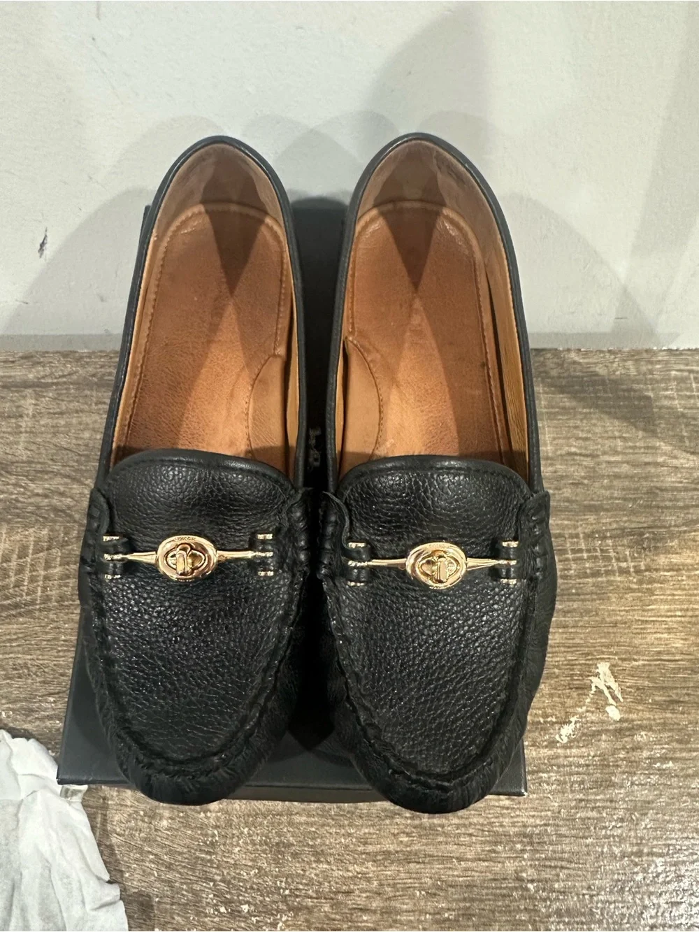 Coach Black Leather Men's Loafers with Gold Bit